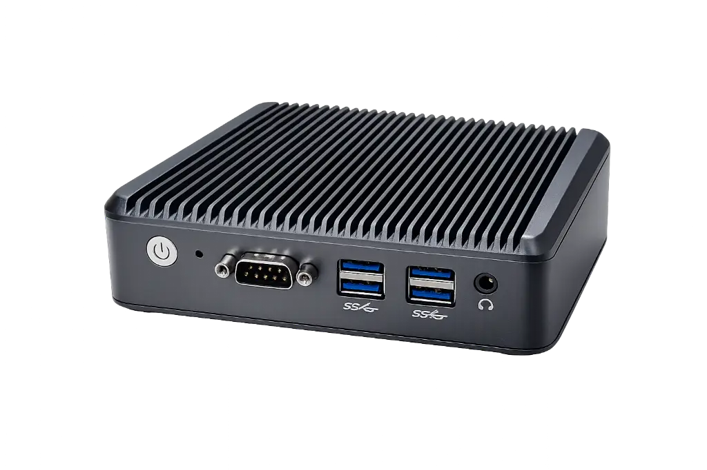 AIMdesk 1000 Mini-PC von hinten, lüfterloses Gehäuse mit Anschlüssen